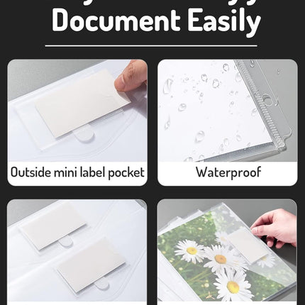Tutuviw 12Pcs Binder Pockets for 2/3/4 Ring,11 Holes Binder Folders,Clear Document Folders,A4 Size Clear Document Envelopes,Snap Button Pouch with Label for Home Work Organization White.