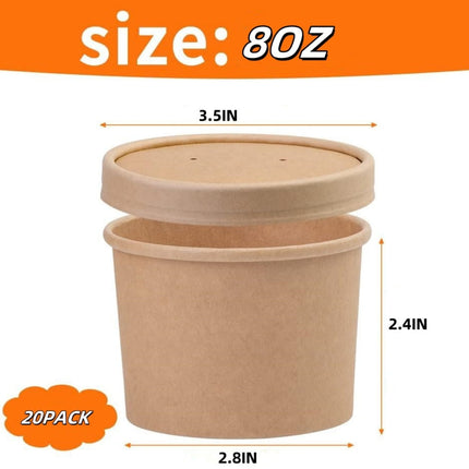 QZS 20 Pack Paper Soup Bowls,12oz Disposable Kraft Paper Soup Bowls with Lids for Ice Cream,Durable Kraft Food Cups for Chocolate,Candy 3.5" x 2.8" x 2.4".