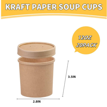 QZS 20 Pack Paper Soup Bowls,12oz Disposable Kraft Paper Soup Bowls with Lids for Ice Cream,Durable Kraft Food Cups for Chocolate,Candy 3.5" x 2.8" x 3.5".