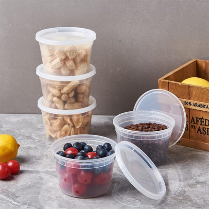 16 oz Deli Containers with Lids,Stackable Food Storage Box,Disposable Takeout Containers,Airtight Leakproof Round Bowls,Non-Spill Plastic Soup Cups,Freezer Safe,for Meal Prep 12Pcs Clear.