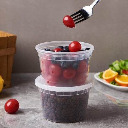 16 oz Deli Containers with Lids,Stackable Food Storage Box,Disposable Takeout Containers,Airtight Leakproof Round Bowls,Non-Spill Plastic Soup Cups,Freezer Safe,for Meal Prep 12Pcs Clear.