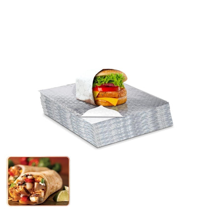 50Pack Aluminum Foil Sheets,QZS Portable Food Wrapping Sheets for Burritos,12"x12" Sandwich Wrap Paper for Hot Dogs,Burgers.