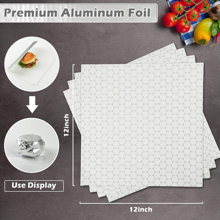 50Pack Aluminum Foil Sheets,QZS Portable Food Wrapping Sheets for Burritos,12"x12" Sandwich Wrap Paper for Hot Dogs,Burgers.