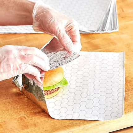 50Pack Aluminum Foil Sheets,QZS Portable Food Wrapping Sheets for Burritos,12"x12" Sandwich Wrap Paper for Hot Dogs,Burgers.