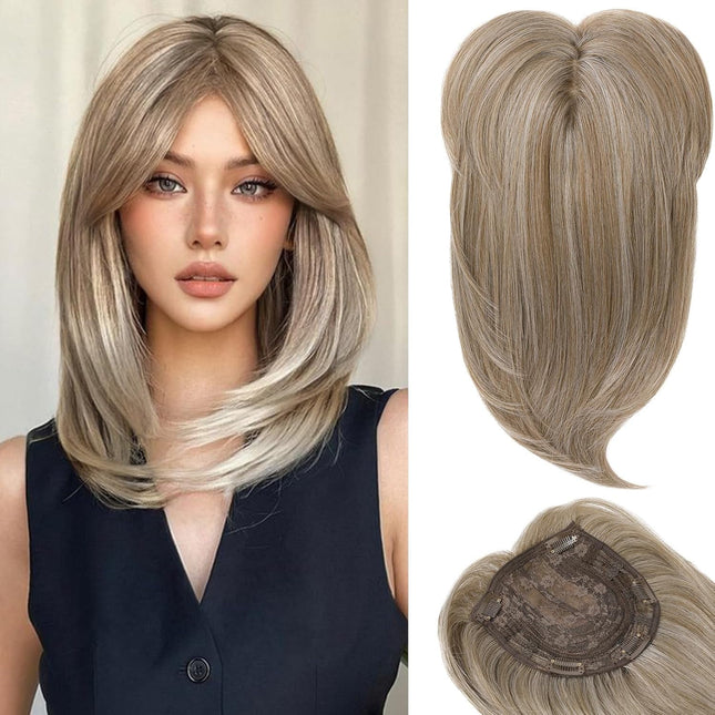 Long Layered Hair Topper with Bangs for Women with Thinning Hair, 14 Inch Slightly Curled Ends Synthetic Fiber Wiglets - Gray with Warm Brown Mixed Gray with Warm Brown Mixed 14.