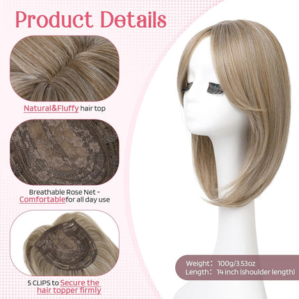 Long Layered Hair Topper with Bangs for Women with Thinning Hair, 14 Inch Slightly Curled Ends Synthetic Fiber Wiglets - Gray with Warm Brown Mixed Gray with Warm Brown Mixed 14.