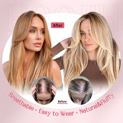 Long Layered Hair Topper with Bangs for Women with Thinning Hair, 14 Inch Slightly Curled Ends Synthetic Fiber Wiglets - Gray with Warm Brown Mixed Gray with Warm Brown Mixed 14.