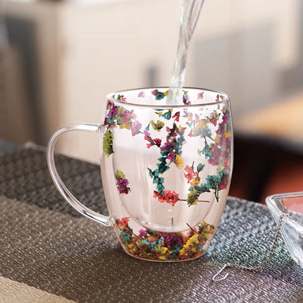 Double-Wall Insulated Glass Mug with Handle,High Borosilicate Glass Coffee Cup for Hot & Cold Drinks - Decorative with Flowers/Shells/Glitter,Tea, Latte, Iced Beverage Cup S01.