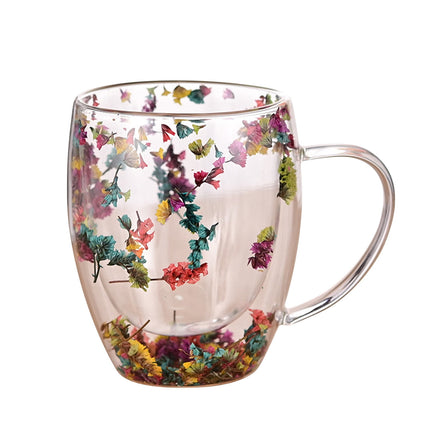 Double-Wall Insulated Glass Mug with Handle,High Borosilicate Glass Coffee Cup for Hot & Cold Drinks - Decorative with Flowers/Shells/Glitter,Tea, Latte, Iced Beverage Cup S01.