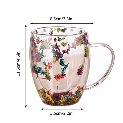 Double-Wall Insulated Glass Mug with Handle,High Borosilicate Glass Coffee Cup for Hot & Cold Drinks - Decorative with Flowers/Shells/Glitter,Tea, Latte, Iced Beverage Cup S01.