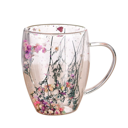 Double-Wall Insulated Glass Mug with Handle,High Borosilicate Glass Coffee Cup for Hot & Cold Drinks - Decorative with Flowers/Shells/Glitter,Tea, Latte, Iced Beverage Cup S01.