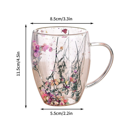 Double-Wall Insulated Glass Mug with Handle,High Borosilicate Glass Coffee Cup for Hot & Cold Drinks - Decorative with Flowers/Shells/Glitter,Tea, Latte, Iced Beverage Cup S01.