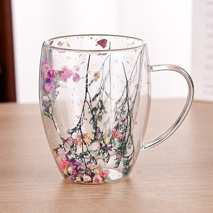 Double-Wall Insulated Glass Mug with Handle,High Borosilicate Glass Coffee Cup for Hot & Cold Drinks - Decorative with Flowers/Shells/Glitter,Tea, Latte, Iced Beverage Cup S01.