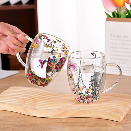 Double-Wall Insulated Glass Mug with Handle,High Borosilicate Glass Coffee Cup for Hot & Cold Drinks - Decorative with Flowers/Shells/Glitter,Tea, Latte, Iced Beverage Cup S01.