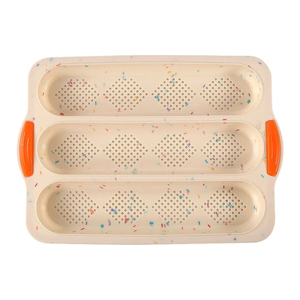 3-Slot French Bread Pan - Non Stick Silicone Baguette Mold for Hoagie, Sub Roll & Hot Dog Buns - Oven Safe Baking Tray with Vent Holes (Beige) Clearance B.