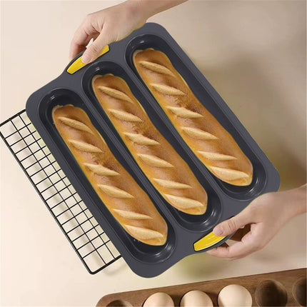 3-Slot French Bread Pan - Non Stick Silicone Baguette Mold for Hoagie, Sub Roll & Hot Dog Buns - Oven Safe Baking Tray with Vent Holes (Beige) Clearance B.