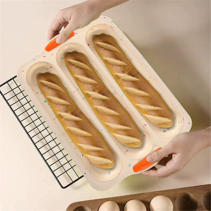 3-Slot French Bread Pan - Non Stick Silicone Baguette Mold for Hoagie, Sub Roll & Hot Dog Buns - Oven Safe Baking Tray with Vent Holes (Beige) Clearance B.