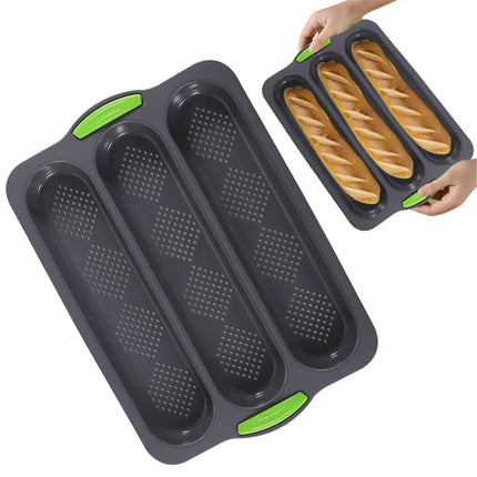 3-Slot French Bread Pan - Non Stick Silicone Baguette Mold for Hoagie, Sub Roll & Hot Dog Buns - Oven Safe Baking Tray with Vent Holes (Beige) Clearance C.