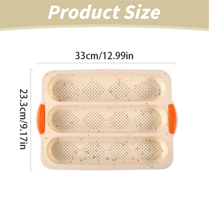 3-Slot French Bread Pan - Non Stick Silicone Baguette Mold for Hoagie, Sub Roll & Hot Dog Buns - Oven Safe Baking Tray with Vent Holes (Beige) Clearance D.