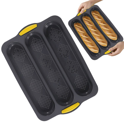 3-Slot French Bread Pan - Non Stick Silicone Baguette Mold for Hoagie, Sub Roll & Hot Dog Buns - Oven Safe Baking Tray with Vent Holes (Beige) Clearance D.
