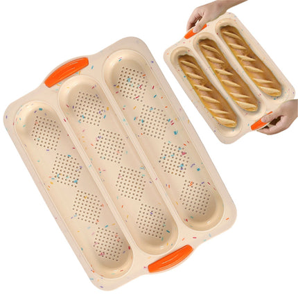 3-Slot French Bread Pan - Non Stick Silicone Baguette Mold for Hoagie, Sub Roll & Hot Dog Buns - Oven Safe Baking Tray with Vent Holes (Beige) Clearance D.