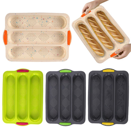 3-Slot French Bread Pan - Non Stick Silicone Baguette Mold for Hoagie, Sub Roll & Hot Dog Buns - Oven Safe Baking Tray with Vent Holes (Beige) Clearance Green.