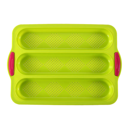 3-Slot French Bread Pan - Non Stick Silicone Baguette Mold for Hoagie, Sub Roll & Hot Dog Buns - Oven Safe Baking Tray with Vent Holes (Beige) Clearance Green.