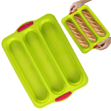 3-Slot French Bread Pan - Non Stick Silicone Baguette Mold for Hoagie, Sub Roll & Hot Dog Buns - Oven Safe Baking Tray with Vent Holes (Beige) Clearance Green.