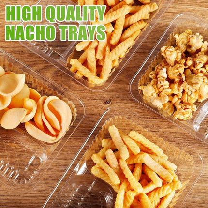 Nacho Trays for Party,6.3x5.1x1.6InPlastic Nacho Holders,2 Compartments Clear Anti-Spill Food Containers with Chip and Dip Holder,50Pcs.