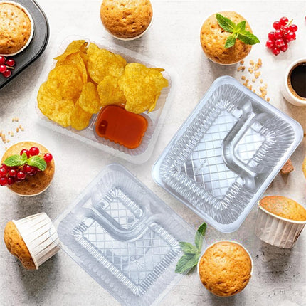 Nacho Trays for Party,6.3x5.1x1.6InPlastic Nacho Holders,2 Compartments Clear Anti-Spill Food Containers with Chip and Dip Holder,50Pcs.