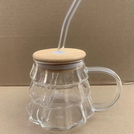 Christmas Tree Coffee Mug, 350ml Tree-shaped Clear Glass Coffee Mug with Handle for Ice Americano, Tea, Milk, Creative Christmas Gift for Colleagues, Friends(1*Cup, with Lid & Straw) Clear.