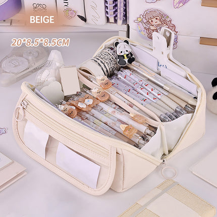 Multi-layer Cloth Pencil Case, Large Capacity Pen Pouch, Pen Stationery Organizer, Portable Art Supply Marker Storage Pencil Box for Office, Home, Travel(Purple) Beige.