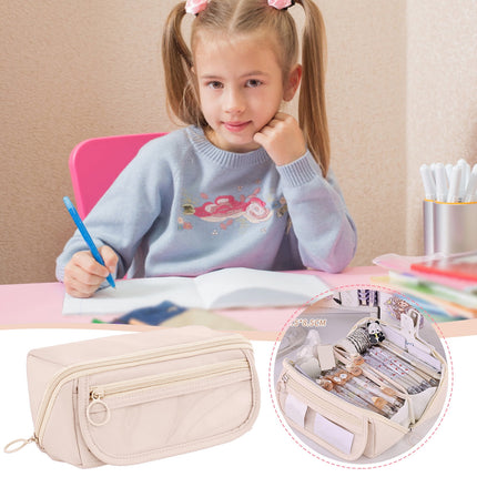 Multi-layer Cloth Pencil Case, Large Capacity Pen Pouch, Pen Stationery Organizer, Portable Art Supply Marker Storage Pencil Box for Office, Home, Travel(Purple) Beige.