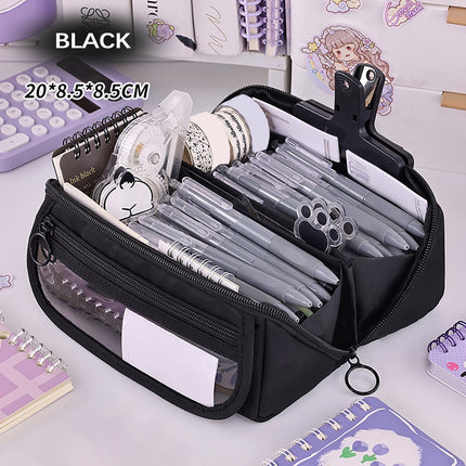 Multi-layer Cloth Pencil Case, Large Capacity Pen Pouch, Pen Stationery Organizer, Portable Art Supply Marker Storage Pencil Box for Office, Home, Travel(Purple) Black.