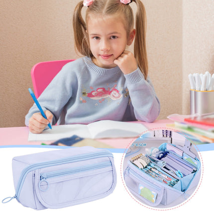 Multi-layer Cloth Pencil Case, Large Capacity Pen Pouch, Pen Stationery Organizer, Portable Art Supply Marker Storage Pencil Box for Office, Home, Travel(Purple) Blue.