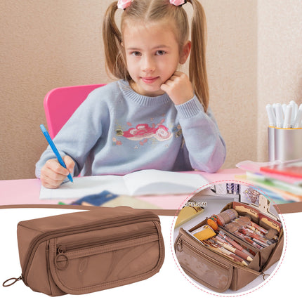 Multi-layer Cloth Pencil Case, Large Capacity Pen Pouch, Pen Stationery Organizer, Portable Art Supply Marker Storage Pencil Box for Office, Home, Travel(Purple) Brown.