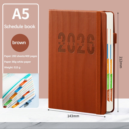 2026 Weekly Planner Notebook, Daily Planner Hardcover Calendar with Tabs and Pen Strap, 200 Pages Journaling Notebooks Daily Time Management Plan for Office Work(Purple) Brown.