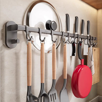 Kitchen Rail with Hooks, Pan and Pot Hangers for Kitchen Wall Mount, Kitchen Hook Rack, No Hole Hanging Rod Wall Mounted Storage Rack, Kitchen Utensil Rack with Removable S Hook, Aluminum Black.