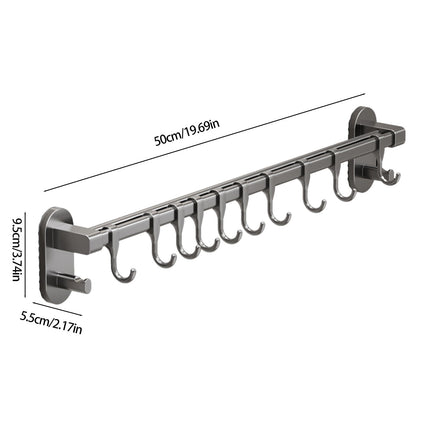 Kitchen Rail with Hooks, Pan and Pot Hangers for Kitchen Wall Mount, Kitchen Hook Rack, No Hole Hanging Rod Wall Mounted Storage Rack, Kitchen Utensil Rack with Removable S Hook, Aluminum Black.
