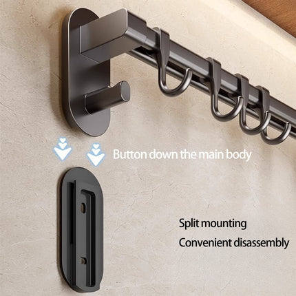 Kitchen Rail with Hooks, Pan and Pot Hangers for Kitchen Wall Mount, Kitchen Hook Rack, No Hole Hanging Rod Wall Mounted Storage Rack, Kitchen Utensil Rack with Removable S Hook, Aluminum Black.