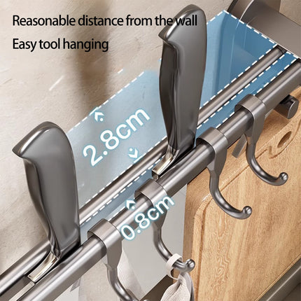 Kitchen Rail with Hooks, Pan and Pot Hangers for Kitchen Wall Mount, Kitchen Hook Rack, No Hole Hanging Rod Wall Mounted Storage Rack, Kitchen Utensil Rack with Removable S Hook, Aluminum Black.