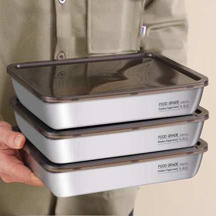 Large Stainless Steel Food Containers, Stainless Steel Dumpling Box, Rectangle Food Storage Box, Leak Proof Plastic Lid, Airtight Meat Storage Container, for Fridge, Kitchen, Dishwasher Safe Silver.