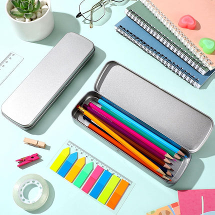 6 Pcs Tin Pencil Case Metal Pencil Case Empty Hinged Stainless Steel Box Rectangular for Brushes Crayon.