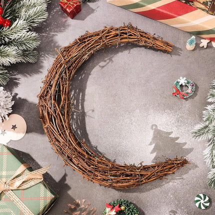 Tutuviw Rattan Crescent Moon Shaped Wreath Grapevine Wreath 11.8in Natural Rattan Wreath Vine Branch Wreath Garland Floral Hoop Ring Wooden Half Moon Decor for DIY Crafts Christmas.