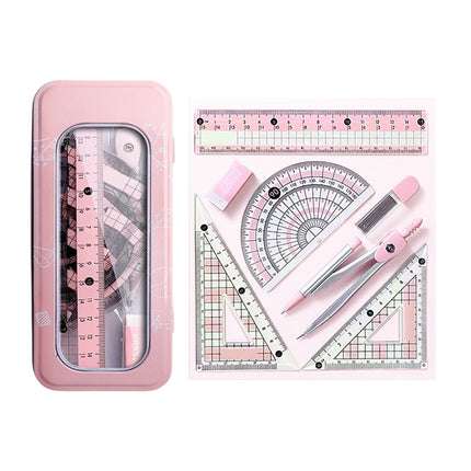 Compass Geometry Tool, Protractor and Compass Set, Metal Box Drawing Compass with Rulers, Math Compass Kit, Shatterproof Storage Box, for Stationery Supplies Pink.