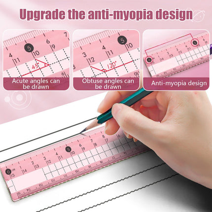 Compass Geometry Tool, Protractor and Compass Set, Metal Box Drawing Compass with Rulers, Math Compass Kit, Shatterproof Storage Box, for Stationery Supplies Pink.