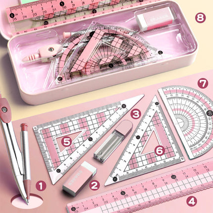 Compass Geometry Tool, Protractor and Compass Set, Metal Box Drawing Compass with Rulers, Math Compass Kit, Shatterproof Storage Box, for Stationery Supplies Purple.