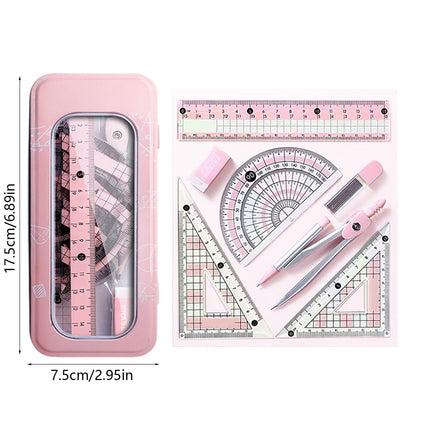 Compass Geometry Tool, Protractor and Compass Set, Metal Box Drawing Compass with Rulers, Math Compass Kit, Shatterproof Storage Box, for Stationery Supplies Purple.
