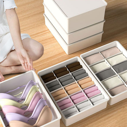 Sock Underwear Drawer Organzier Divider, 15 Compartments Removable Divided Plastic Storage Bin with Lid, Storage Organizer Sock Holders Organizers for Scarves Ties Belts(White) White.