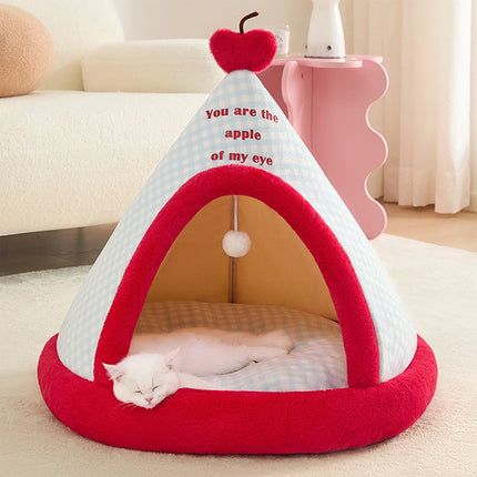Apples Christmas Tent Christmas Pet Bed Semi Enclosed Cats Bed Dog Bed Removable And Washable Dog Bed Winter Warm Cats Bed As shown.
